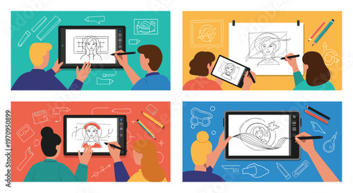 Diverse group of digital artists and designers using graphics tablets and pens to create beautiful illustrations and sketches.