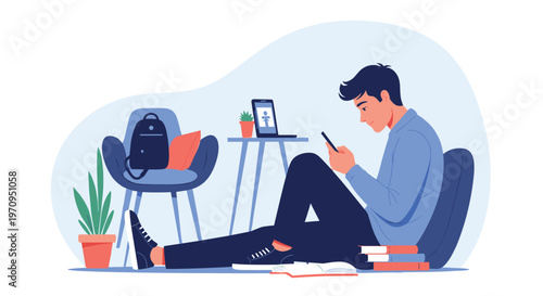 Young student studying in a casual environment while using a smartphone for research or social media during a study break.