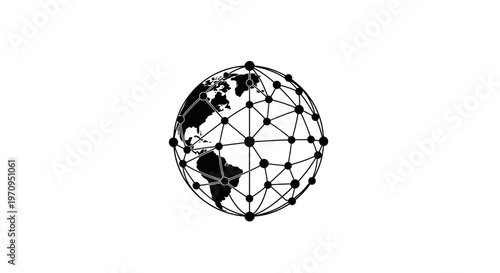 Black and white illustration of a connected global network.