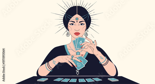 Mystic woman performing a spiritual reading with mystical tarot cards at a dark table featuring occult symbols and jewelry.
