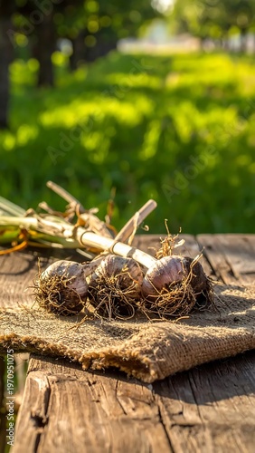 Freshly Harvested Garlic Bulbs on Rustic Wooden Surface.