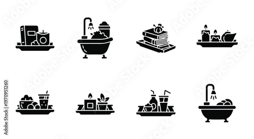 Set of 8 Black Silhouette Bathtub Tray Vector Icons