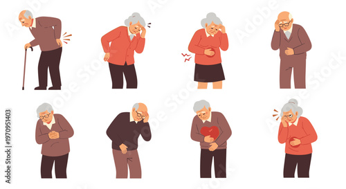 Collection of senior citizens suffering from various health issues including back pain, headache, and stomach discomfort.