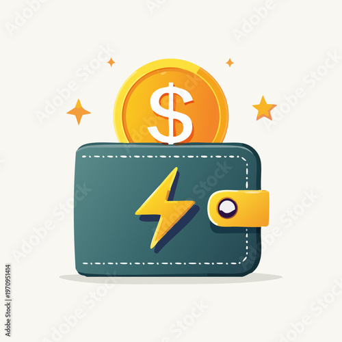 Wallet with Dollar Coin and Lightning Bolt Symbol.