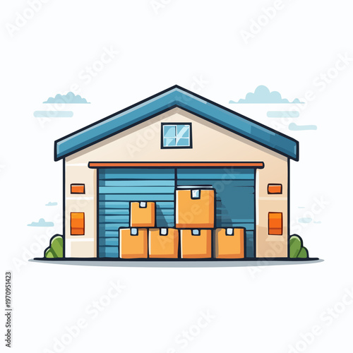 Warehouse building with stacked boxes in front, cartoon style illustration.
