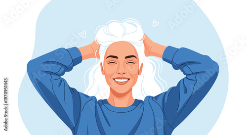 Beautiful woman with long white hair smiling joyfully while holding her hair in a relaxed, happy, and confident pose.