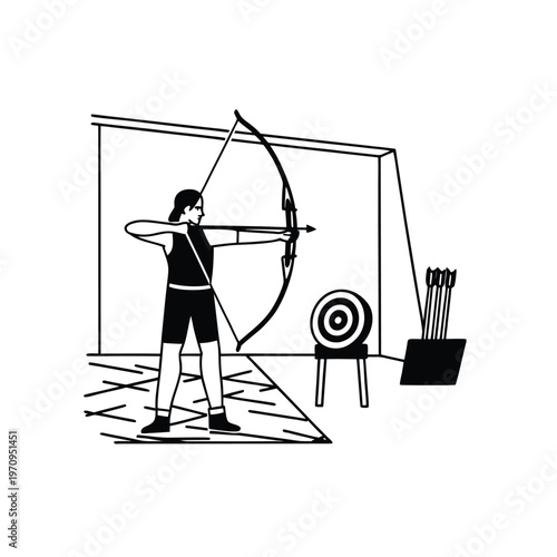 Woman practicing modern sport archery indoors, aiming at a target with a bow and arrows