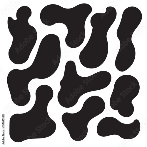 Black organic splash and blot shapes with uneven watery edges. Simple liquid vector set for backgrounds frames splatter graphics and abstract design compositions in eps 10.