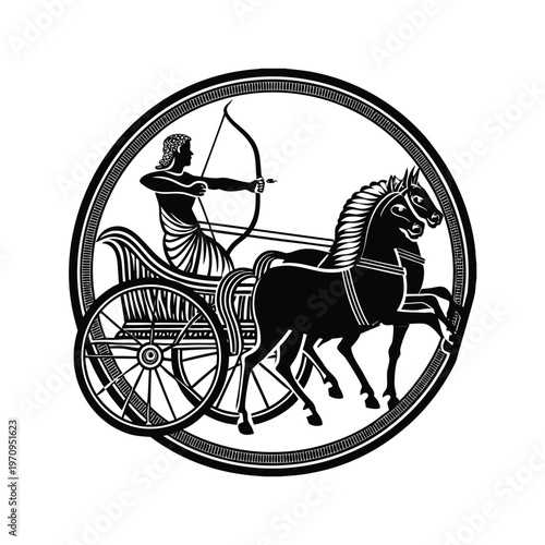 Ancient Greek chariot archer in a circular frame, aiming bow and arrow, dynamic race.