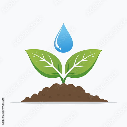 Water drop nourishing plant, growing in fertile soil.