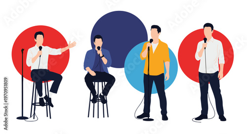 Group of male performers or speakers acting on stage with microphones in various expressive poses against colored backgrounds.