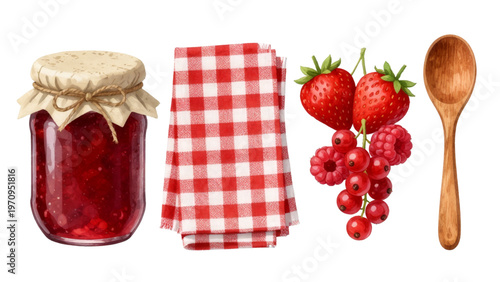 Realistic glass jar of homemade red berry jam with fresh strawberries, raspberries, and red currants on transparent Background. Summer harvest jam collection. Design elements 