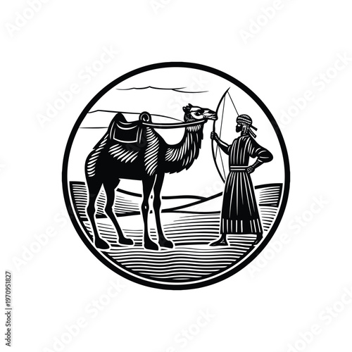 Ancient archer with camel in desert landscape, vintage woodcut style illustration.