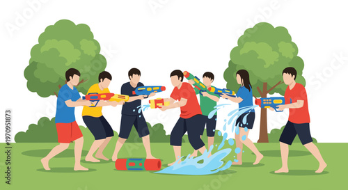 Group of energetic young friends having a fun water gun fight in a green public park during a hot summer day outdoors.
