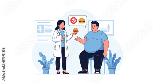 Professional doctor giving nutritional advice to an overweight patient about choosing healthy food over junk food like burgers.