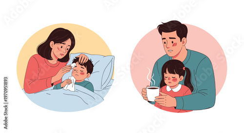 Touching scenes of parental care showing a mother nursing a sick boy and a father comforting a young girl with a warm drink.