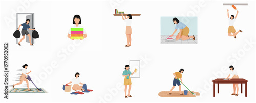 Minimalist Illustration Woman Doing Different Household Chores and Cleaning Activities