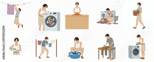 Flat Design Detailed Man Doing Laundry Various Stages Activity Illustration