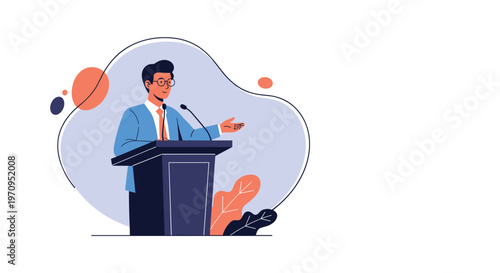 Professional man in a business suit giving a formal speech or academic presentation at a podium with microphones.