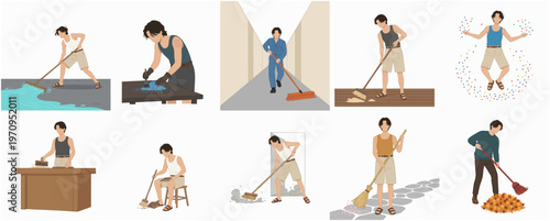 Simple Flat Illustration Man Cleaning Different Surfaces with Broom and Rag