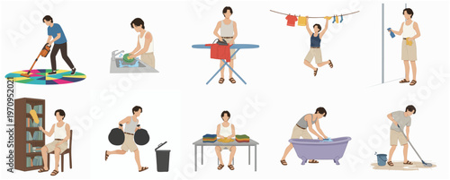 Flat Illustration Set of Man Doing Various Household Chores and Activities