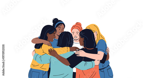 Diverse group of young women standing in a circle and hugging each other to show support and sisterhood in a flat vector style illustration.