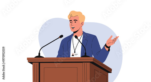 Young male speaker standing behind a wooden podium with microphones and delivering a speech or presentation at a conference or public event.