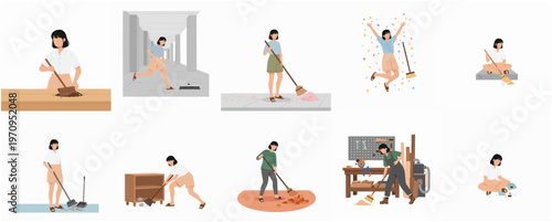 Collection of Various Style Woman Sweeping and Cleaning Up Messy Room Illustration