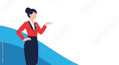 Professional female flight attendant or hotel receptionist in red uniform jacket gesturing with her hand toward a copy space for information.