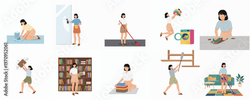 Flat Design Woman Housewife Daily Routine Activity and Chores Illustration Set