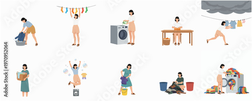Flat Illustration Various Scenes of a Woman Doing Laundry Chore Activity