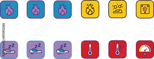 colorful app icon set, fire sun sleep thermometer gauge symbols, rounded square buttons, modern flat vector ui elements
