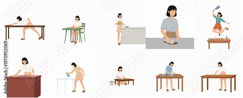 Flat Style Various Woman Activity Cleaning, Working and Playing on Table Set Illustration