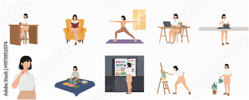 Flat Graphic Woman Doing Daily Activities Set Illustration in Minimalist Style