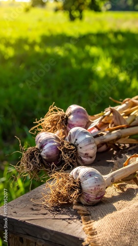 Freshly Harvested Garlic Bulbs on Wooden Surface in Garden.