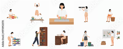 Flat Illustration Woman Doing Various Home Activity Scene Set Collection
