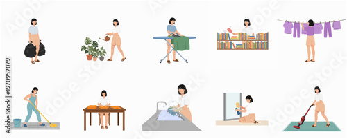 Flat Illustration Woman Doing Different Chores Around The House Activity Set