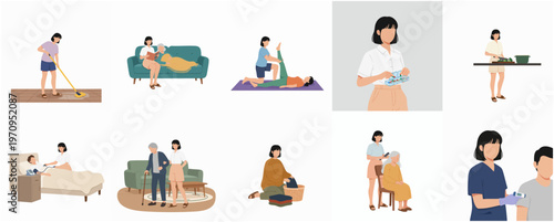 Flat Illustration Various Caregiver Activities Support for Daily Life Assistance