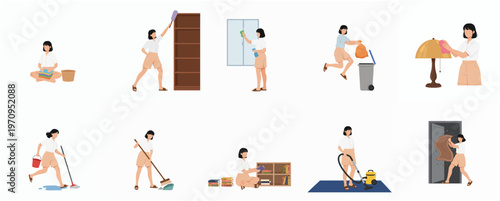 Simple Flat Illustration Set of Woman Doing Various House Cleaning Activities