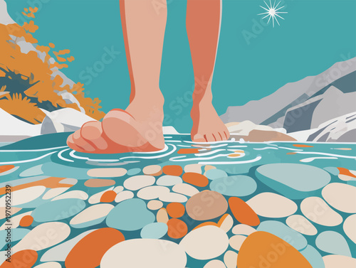Person stands in clear water with colorful stones, surrounded by rocks and plants in the nature setting during daytime