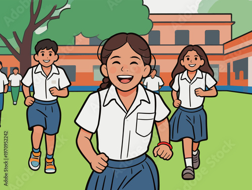 Children run and play in schoolyard during recess on a sunny day while wearing school uniforms
