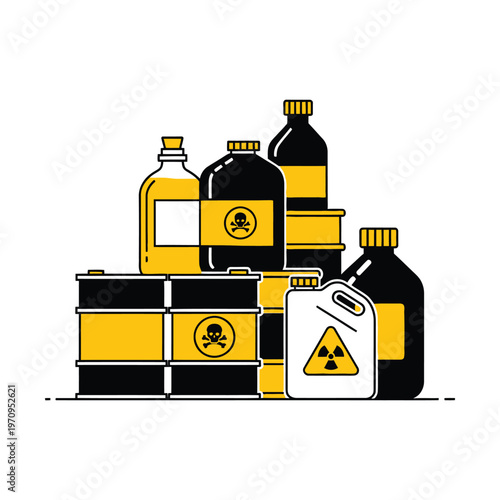 Toxic waste barrels and chemical bottles, industrial hazardous material containers, radioactive and poisonous waste storage vector illustration