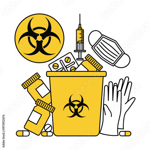 Biohazard medical waste disposal bin, yellow infectious waste container with syringe and pills, clinical hazardous waste management vector illustration