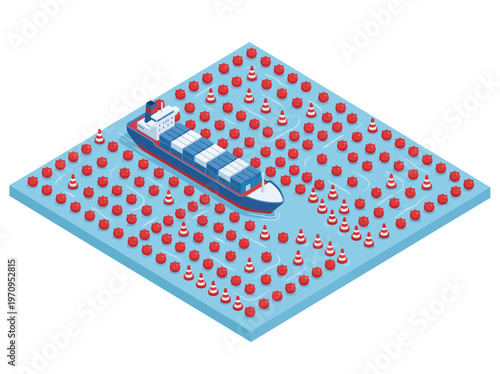 Large container ship navigating through a maze of red and white buoys in the ocean, symbolizing complex shipping routes.