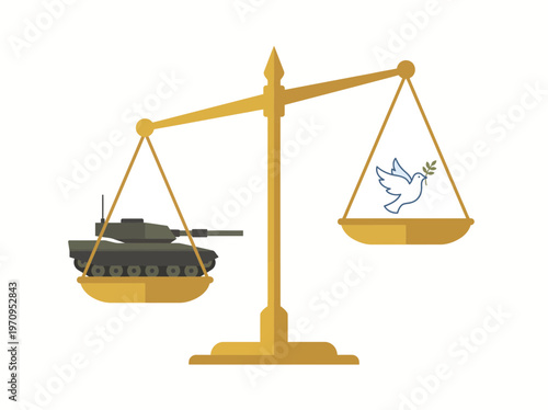 A balance scale with a military tank on one side and a dove with an olive branch on the other, symbolizing war versus peace.