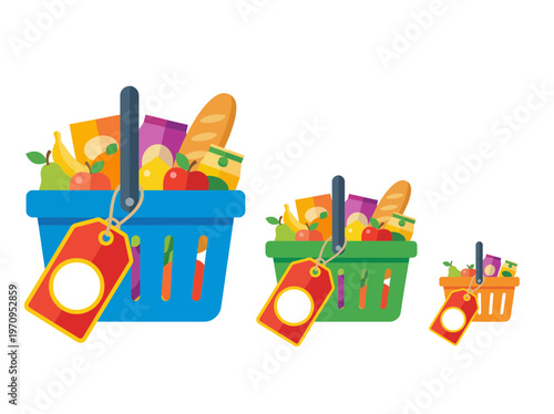 Three shopping baskets filled with groceries in decreasing sizes, representing inflation, shrinking product sizes, or rising costs.