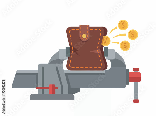 A brown leather wallet being squeezed in a vice with coins flying out, illustrating financial pressure, debt, or economic hardship.