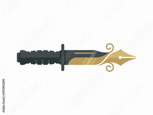 Hybrid object combining a tactical knife and a fountain pen nib with ornate gold swirls, symbolizing sharp writing or aggressive communication.