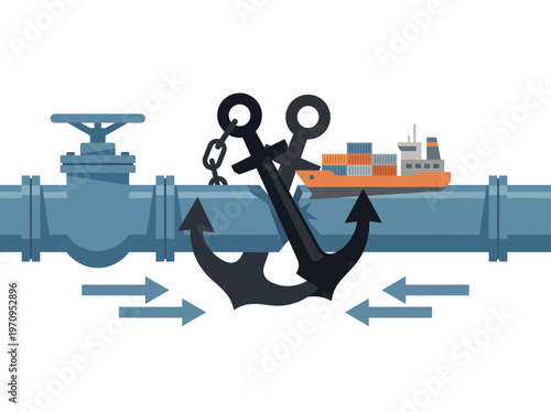 Anchor stuck in a blue pipeline with a cargo ship nearby, symbolizing a major disruption in shipping or logistics operations.