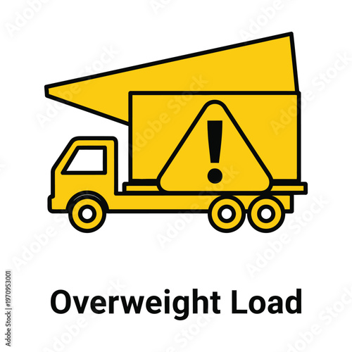 Illustration of a yellow truck carrying an oversized and overweight load, marked with a warning sign, indicating potential hazards during transport.